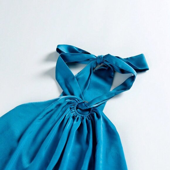 Blue Casual Women's Criss Cross Sleeveless Self-Tie Halter Backless Maxi Dress - Picture 3 of 6